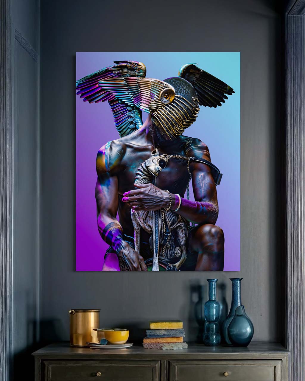 Art poster featuring a surreal figure displayed on the wall in a beautifully decorated interior.