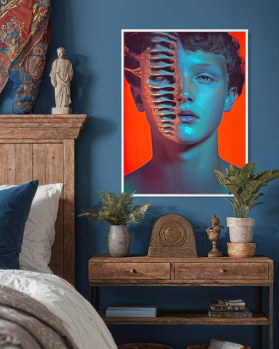 Mockup of a surreal artwork poster titled Transformation, showcasing a human face with skeletal elements in a vibrant color palette. Displayed in a modern interior setting, the artwork features intricate details, making it a striking focal point in home decor.