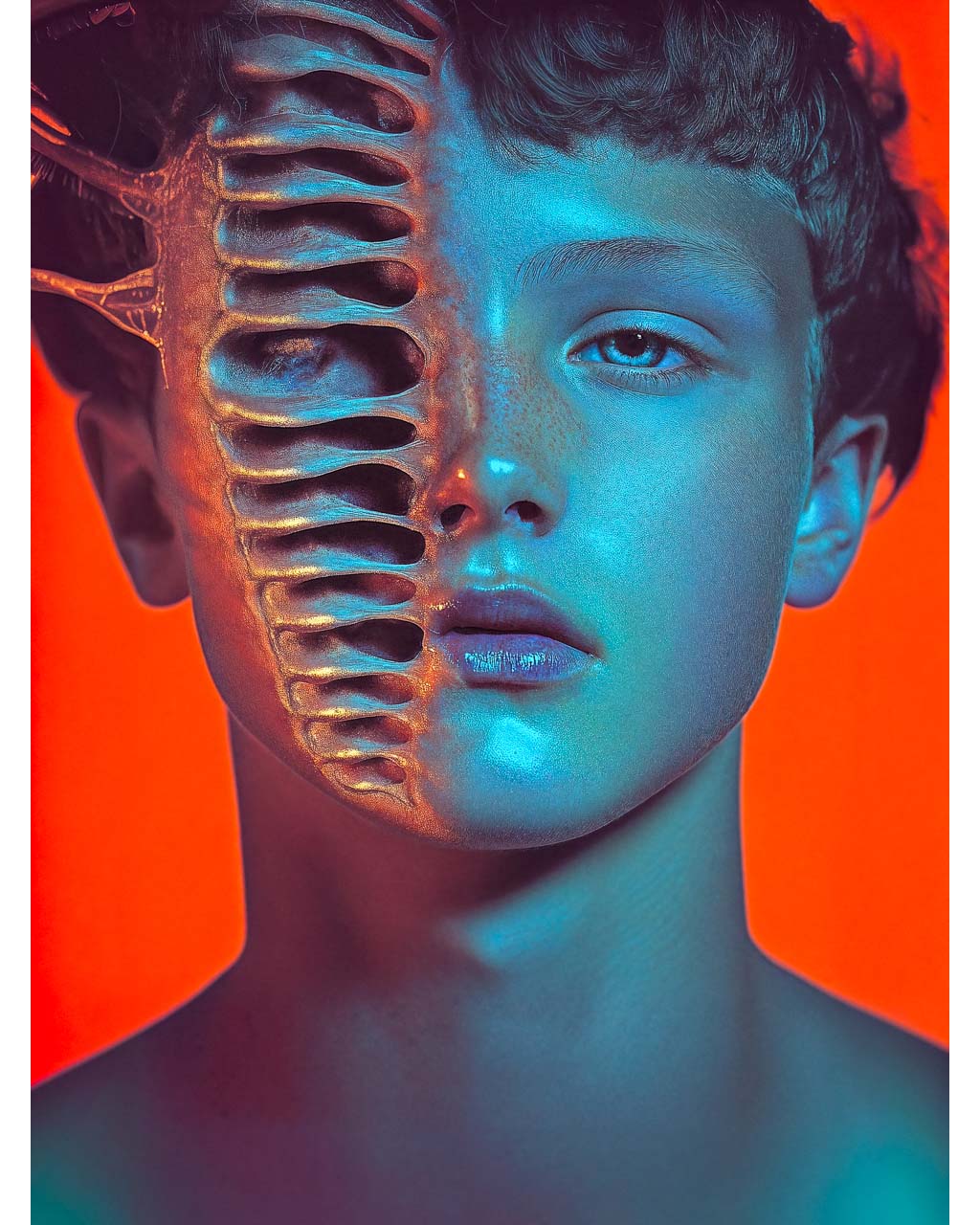 Surreal artwork titled Transformation, featuring a striking fusion of a human face with skeletal elements, with intricate details and a vibrant color palette. The piece explores themes of identity and change, creating a captivating visual experience.