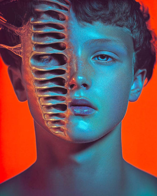 Surreal artwork titled Transformation, featuring a striking fusion of a human face with skeletal elements, with intricate details and a vibrant color palette. The piece explores themes of identity and change, creating a captivating visual experience.