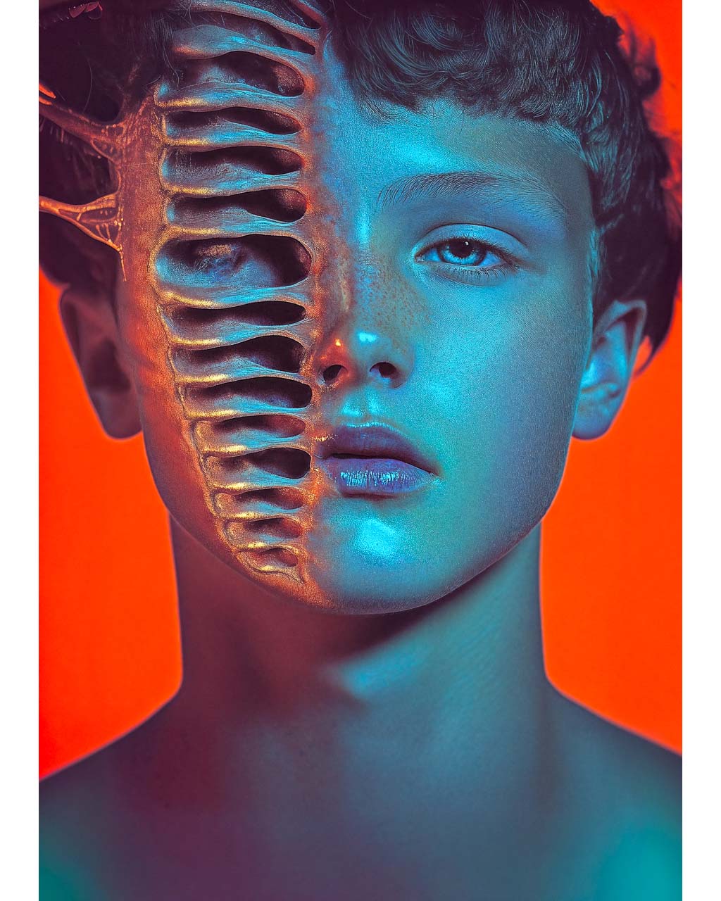 Surreal artwork titled Transformation, featuring a striking fusion of a human face with skeletal elements, with intricate details and a vibrant color palette. The piece explores themes of identity and change, creating a captivating visual experience.