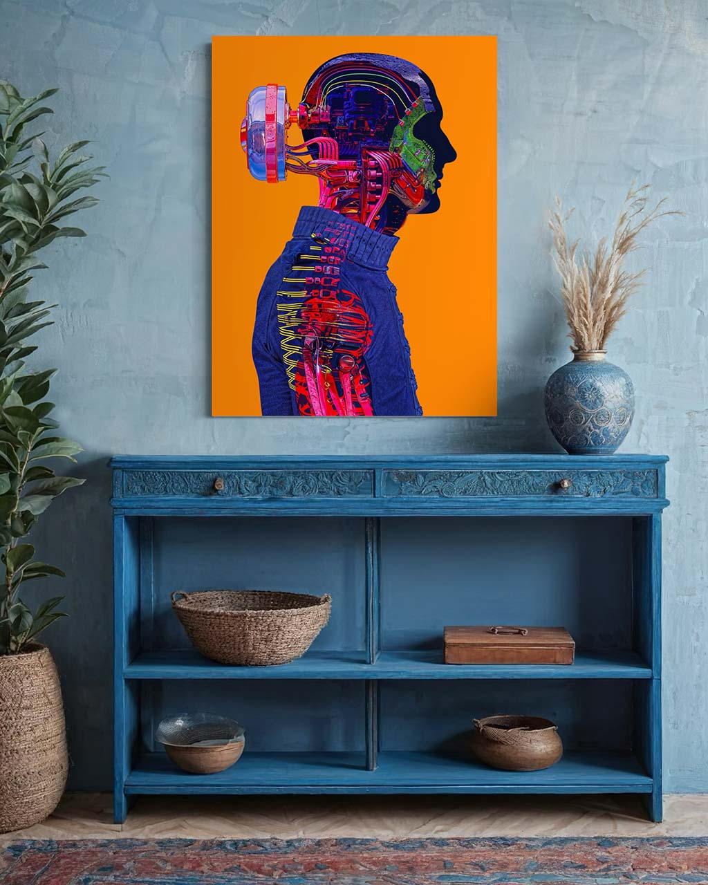 Mockup of a surreal artwork poster titled High Tech Sweater, showcasing a vibrant fusion of human form and mechanical elements. Displayed in a modern interior setting, the artwork features intricate details and a striking color palette, making it a captivating focal point in home decor.