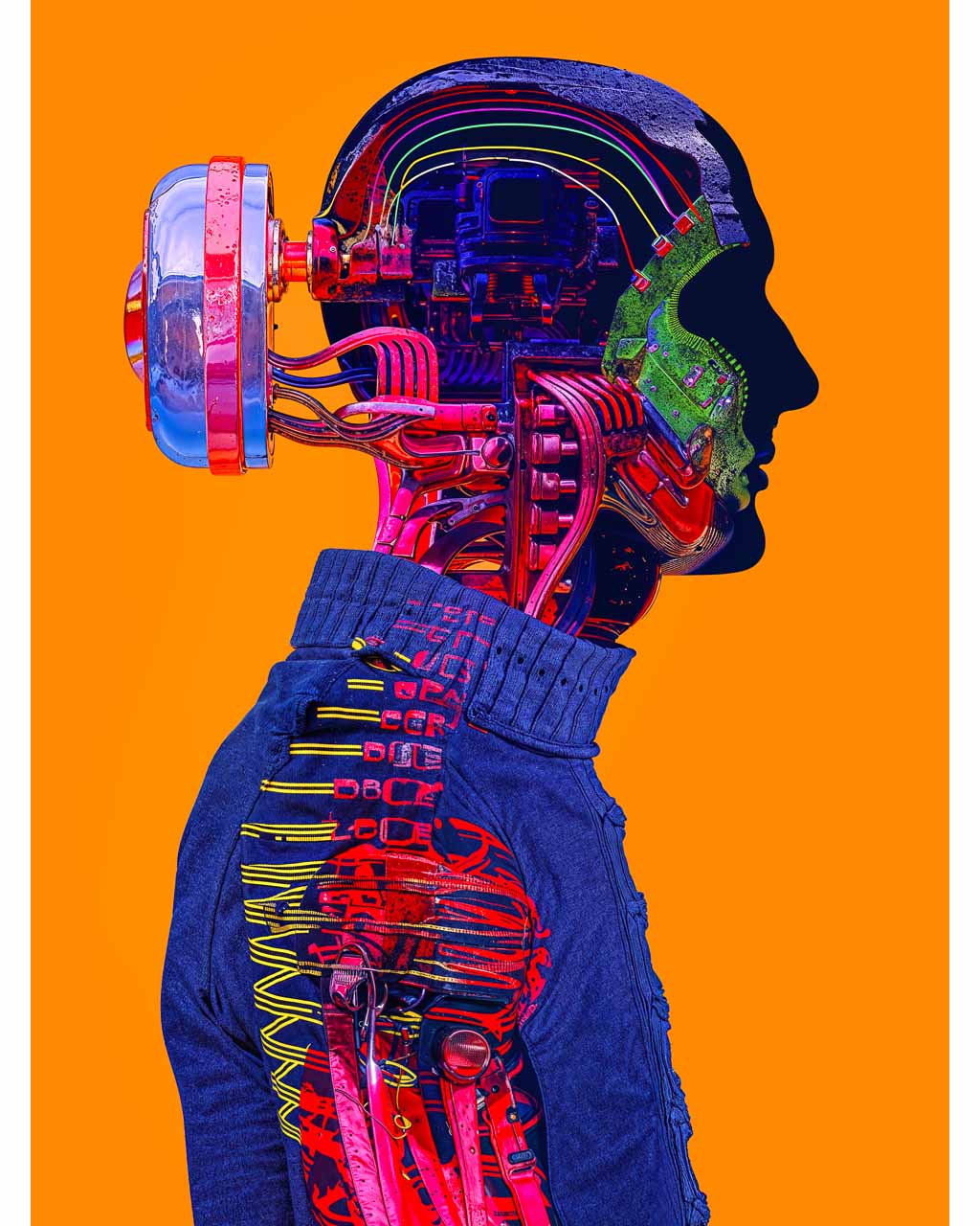 Surreal artwork titled High Tech Sweater, featuring a vibrant fusion of human form and mechanical elements, enhanced with intricate details and a bold color palette. The piece explores themes of technology and identity, creating a captivating visual experience.