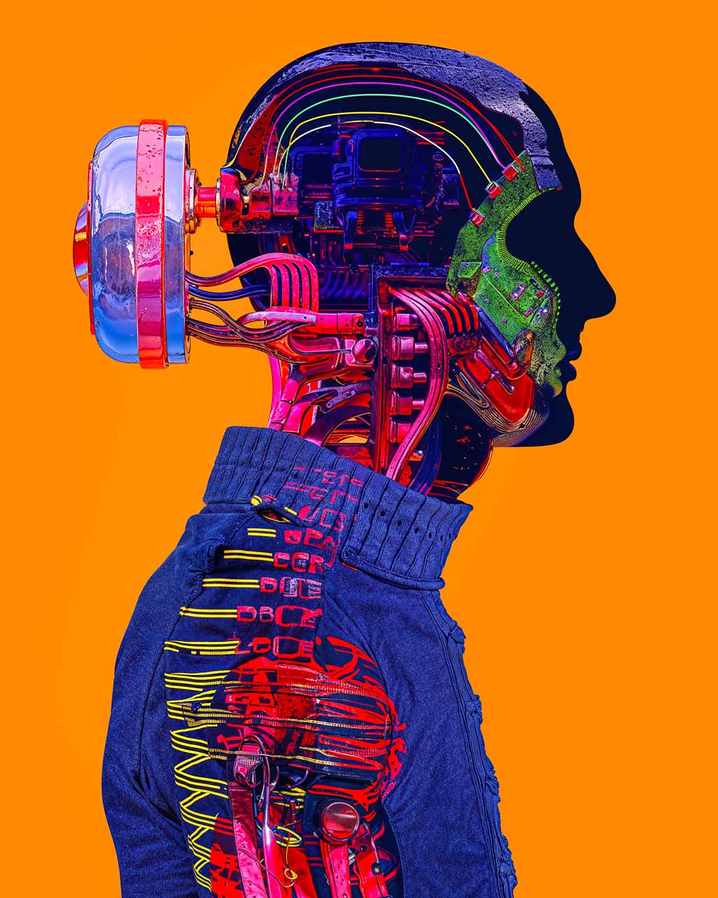 Surreal artwork titled High Tech Sweater, featuring a vibrant fusion of human form and mechanical elements, enhanced with intricate details and a bold color palette. The piece explores themes of technology and identity, creating a captivating visual experience.