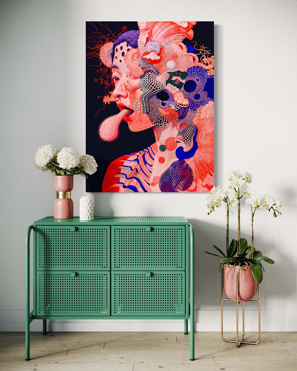 Mockup of a surreal artwork poster titled Land of confusion, showcasing a vibrant fusion of human form and organic shapes. The artwork, displayed in a modern interior setting, features intricate details and bold colors, making it a striking focal point in home decor.