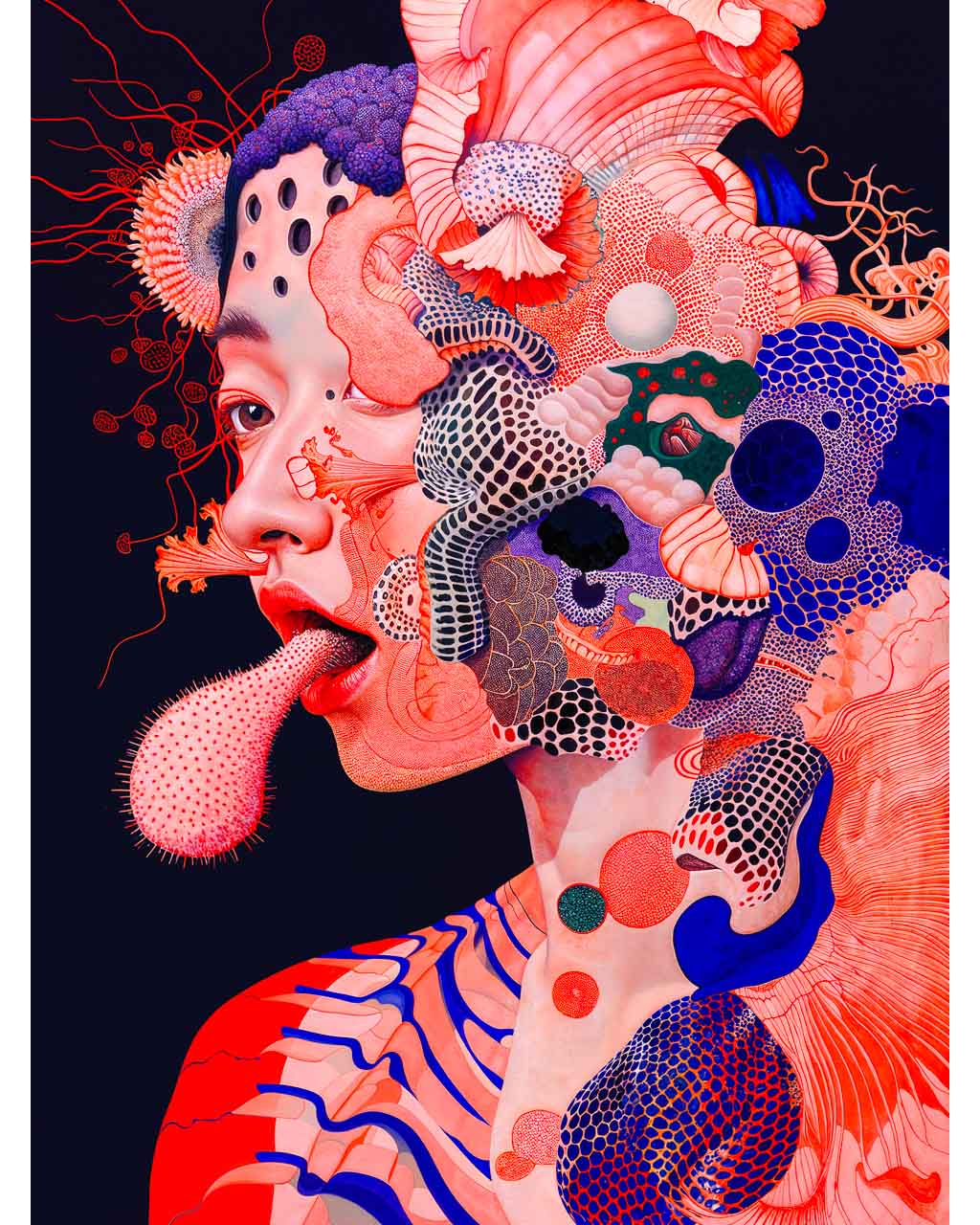 Surreal artwork titled "Land of Confusion," features a vibrant fusion of human form and organic shapes, with intricate details and bold colors. The piece explores themes of identity and transformation, creating a captivating visual experience.