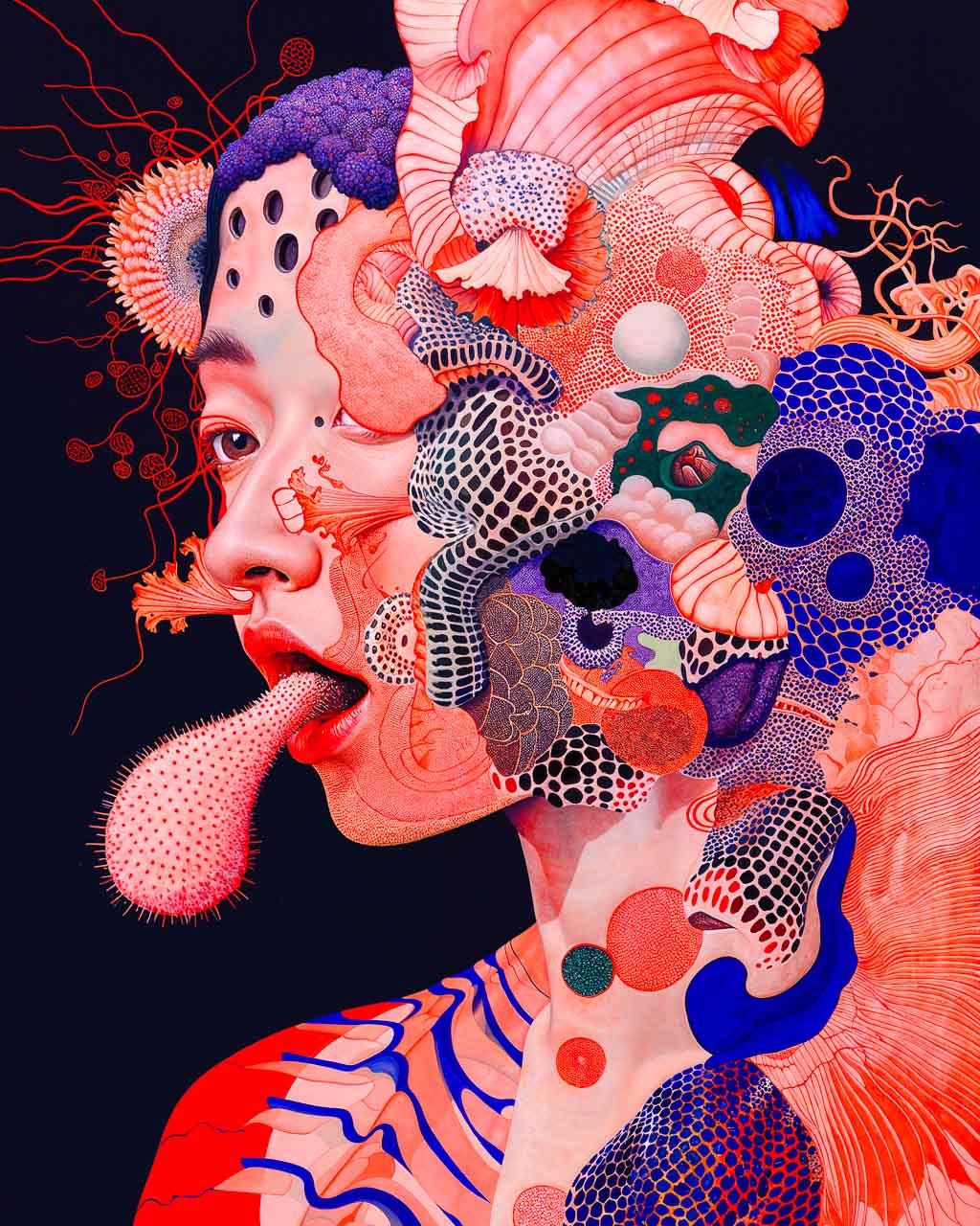 Surreal artwork titled "Land of Confusion," features a vibrant fusion of human form and organic shapes, with intricate details and bold colors. The piece explores themes of identity and transformation, creating a captivating visual experience.