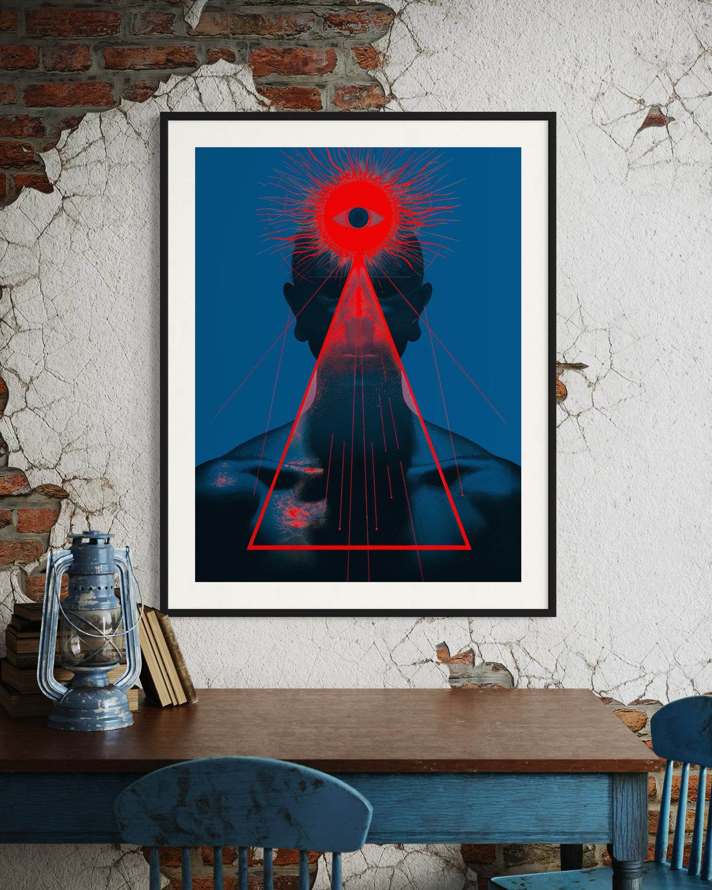 A mockup of the artwork "The Seer" displayed as a poster in a rustic interior setting. The poster features a dark figure with a bold red triangle and an all-seeing eye against a vivid blue background, surrounded by rays of light. The rustic environment enhances the artwork's impact, creating a striking contrast with the decor.