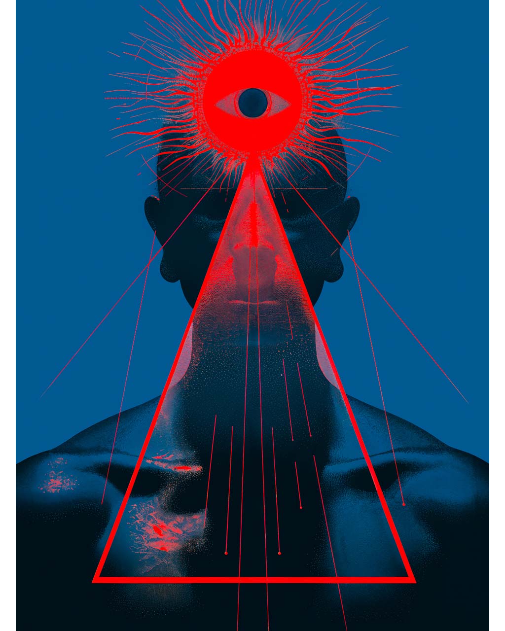 A surreal artwork titled "The Seer," showcasing a dark figure with a prominent red triangle and an all-seeing eye against a blue background. The design features rays of light and geometric shapes, creating a sense of depth and mystique.