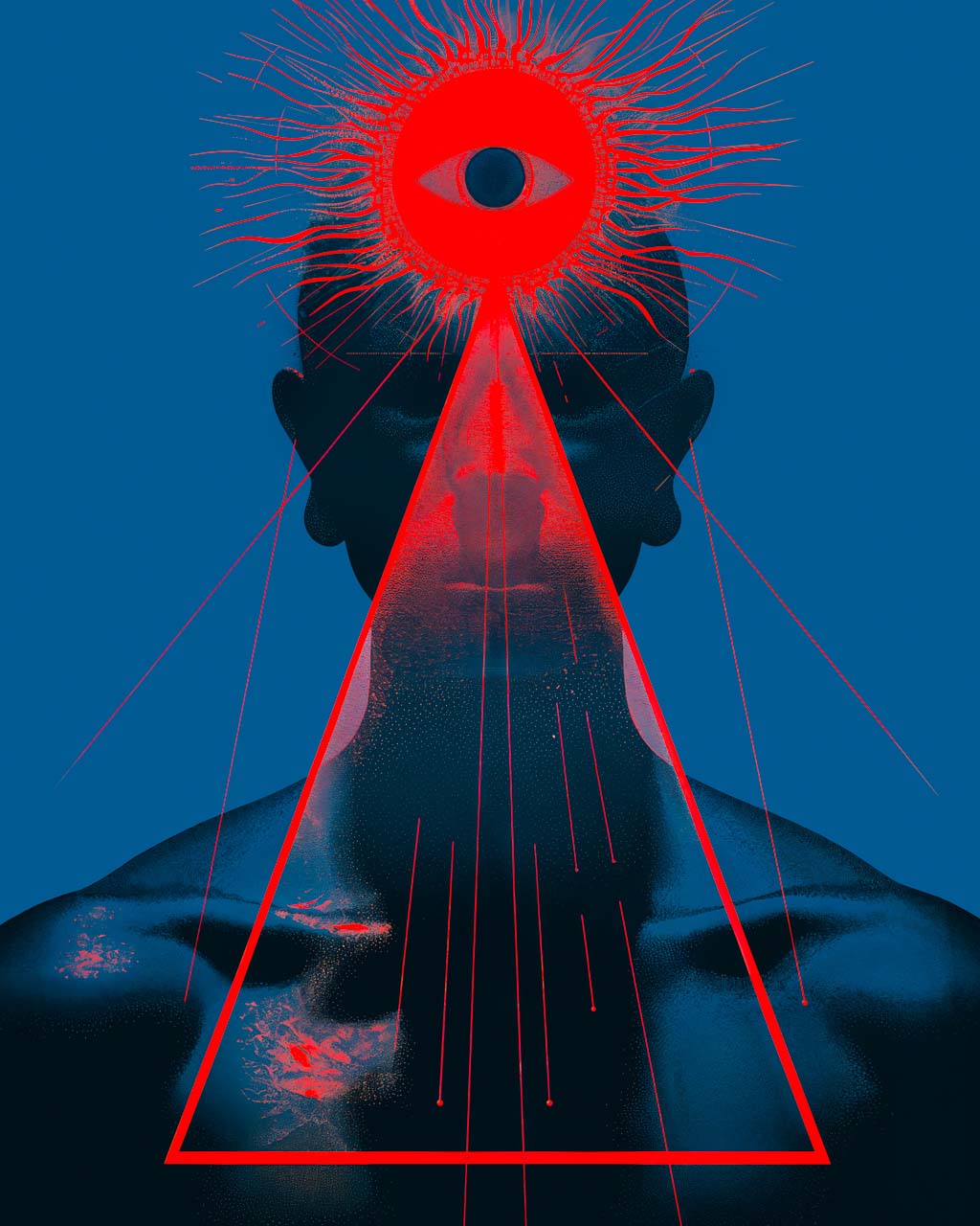 A surreal artwork titled "The Seer," showcasing a dark figure with a prominent red triangle and an all-seeing eye against a blue background. The design features rays of light and geometric shapes, creating a sense of depth and mystique.