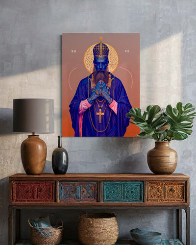 Mockup of a surreal religious iconography poster featuring a blue-robed figure in prayer with gold details, hanging on a minimalist wall. The artwork blends modern digital art with traditional spiritual symbols, creating a striking focal point in home decor.