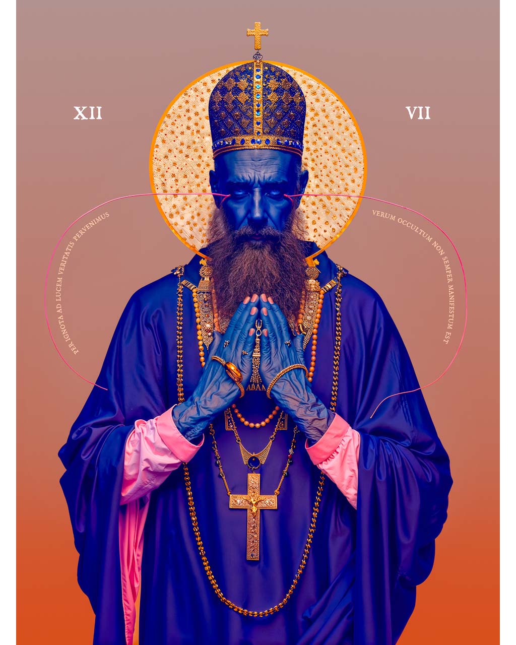 Surreal religious iconography artwork featuring a blue-robed figure in prayer with gold details, blending modern digital art with traditional spiritual symbols. Unique, bold, and vivid colors used to evoke a sense of mysticism and abstract beauty