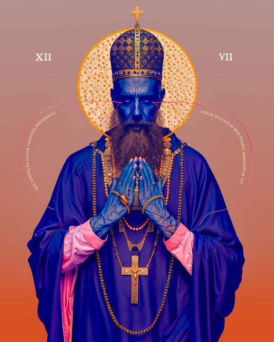 Surreal religious iconography artwork featuring a blue-robed figure in prayer with gold details, blending modern digital art with traditional spiritual symbols. Unique, bold, and vivid colors used to evoke a sense of mysticism and abstract beauty.