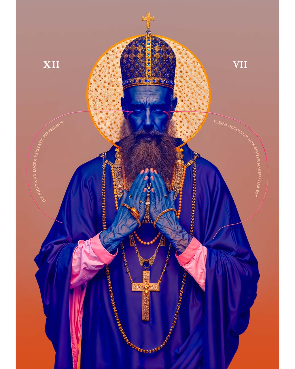 Surreal religious iconography artwork featuring a blue-robed figure in prayer with gold details, blending modern digital art with traditional spiritual symbols. Unique, bold, and vivid colors used to evoke a sense of mysticism and abstract beauty