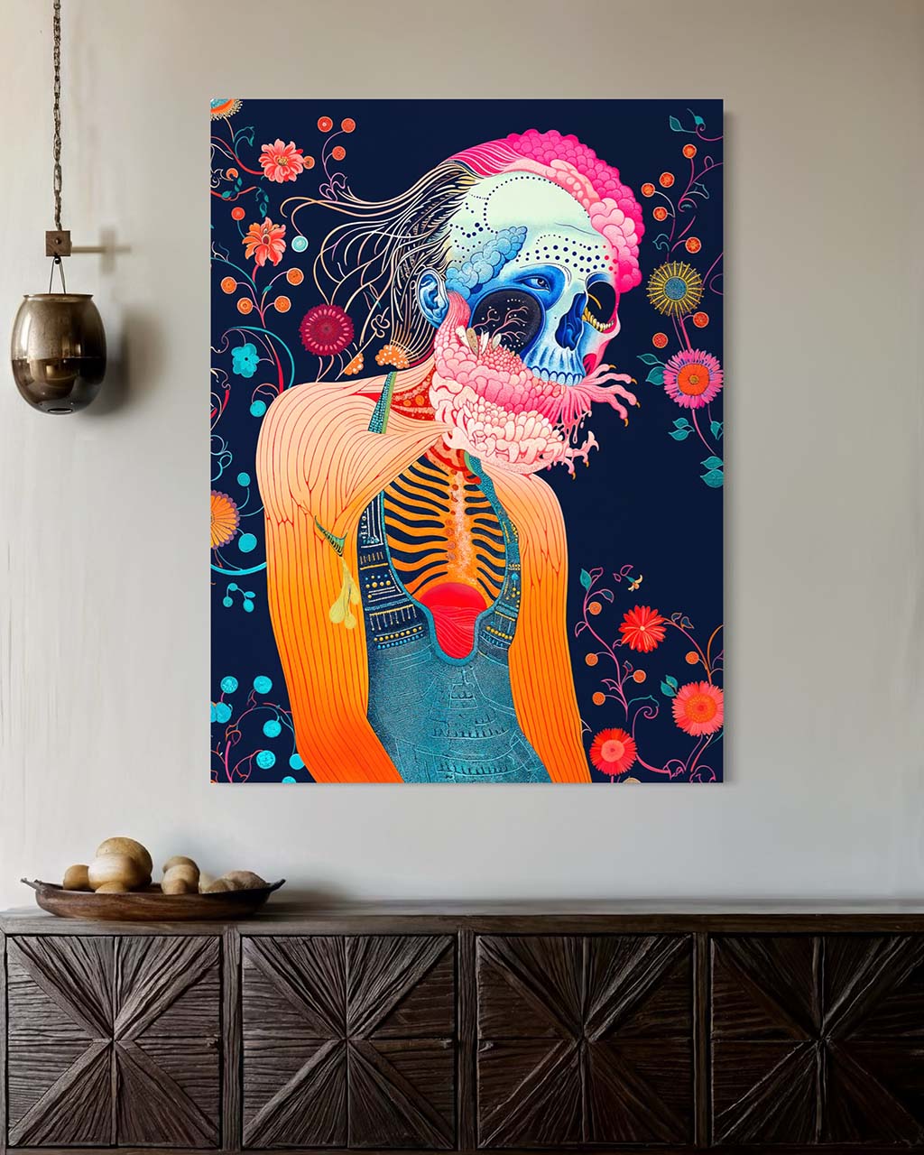 Artwork "Floral Rebirth" displayed as a poster in a modern interior setting. The poster features a figure with a vibrant blue skull surrounded by intricate floral patterns against a dark background, creating a striking focal point in the space.