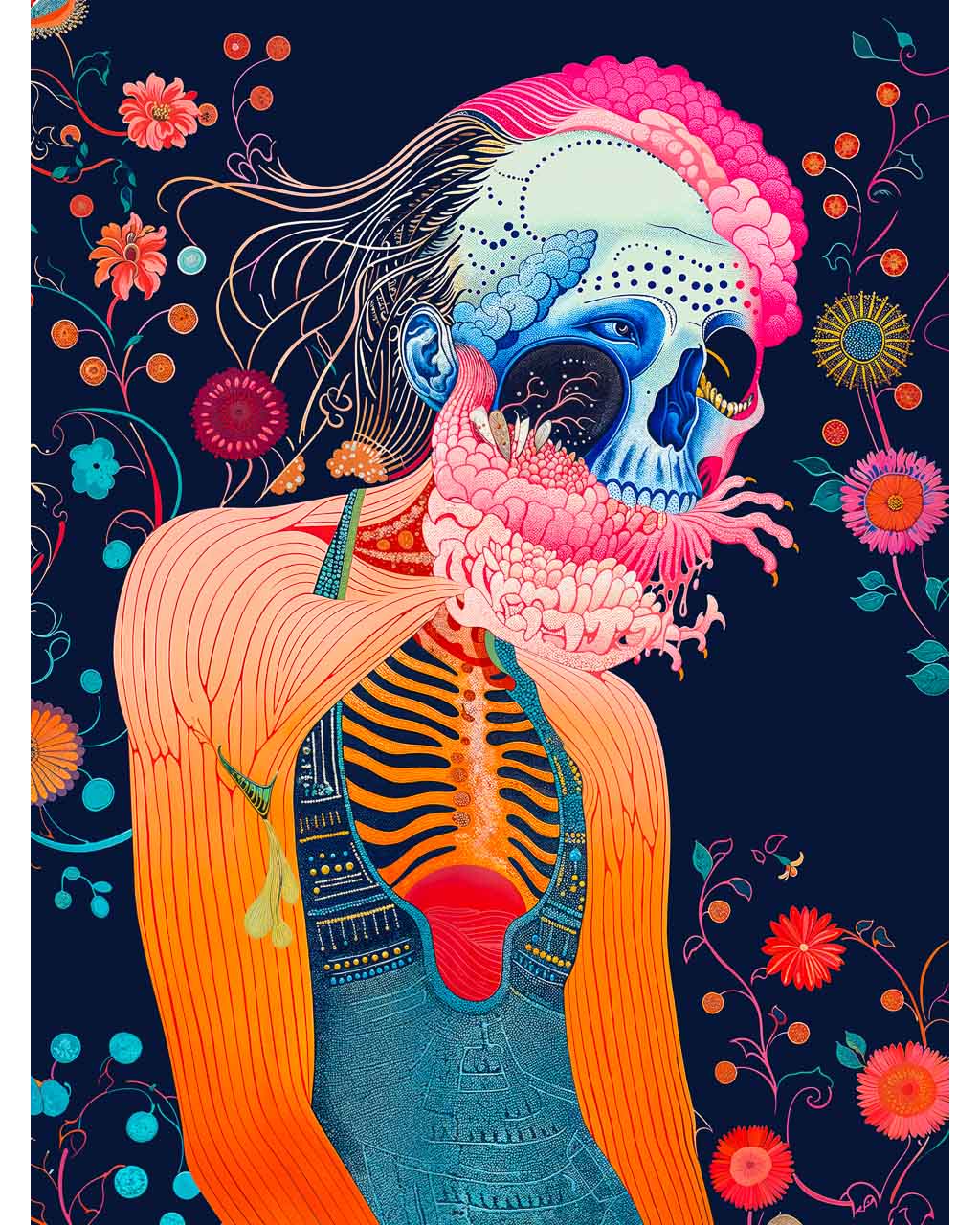 A surreal artwork titled "Floral Rebirth," depicting a figure with a vibrant blue skull intertwined with colorful floral elements. The intricate details and bold colors contrast against a dark background, exploring themes of life, death, and transformation.