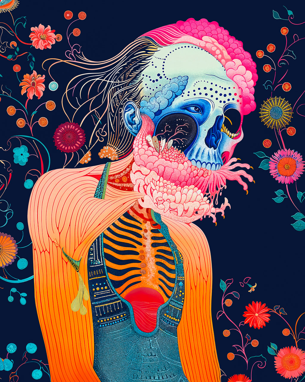 A surreal artwork titled "Floral Rebirth," depicting a figure with a vibrant blue skull intertwined with colorful floral elements. The intricate details and bold colors contrast against a dark background, exploring themes of life, death, and transformation.