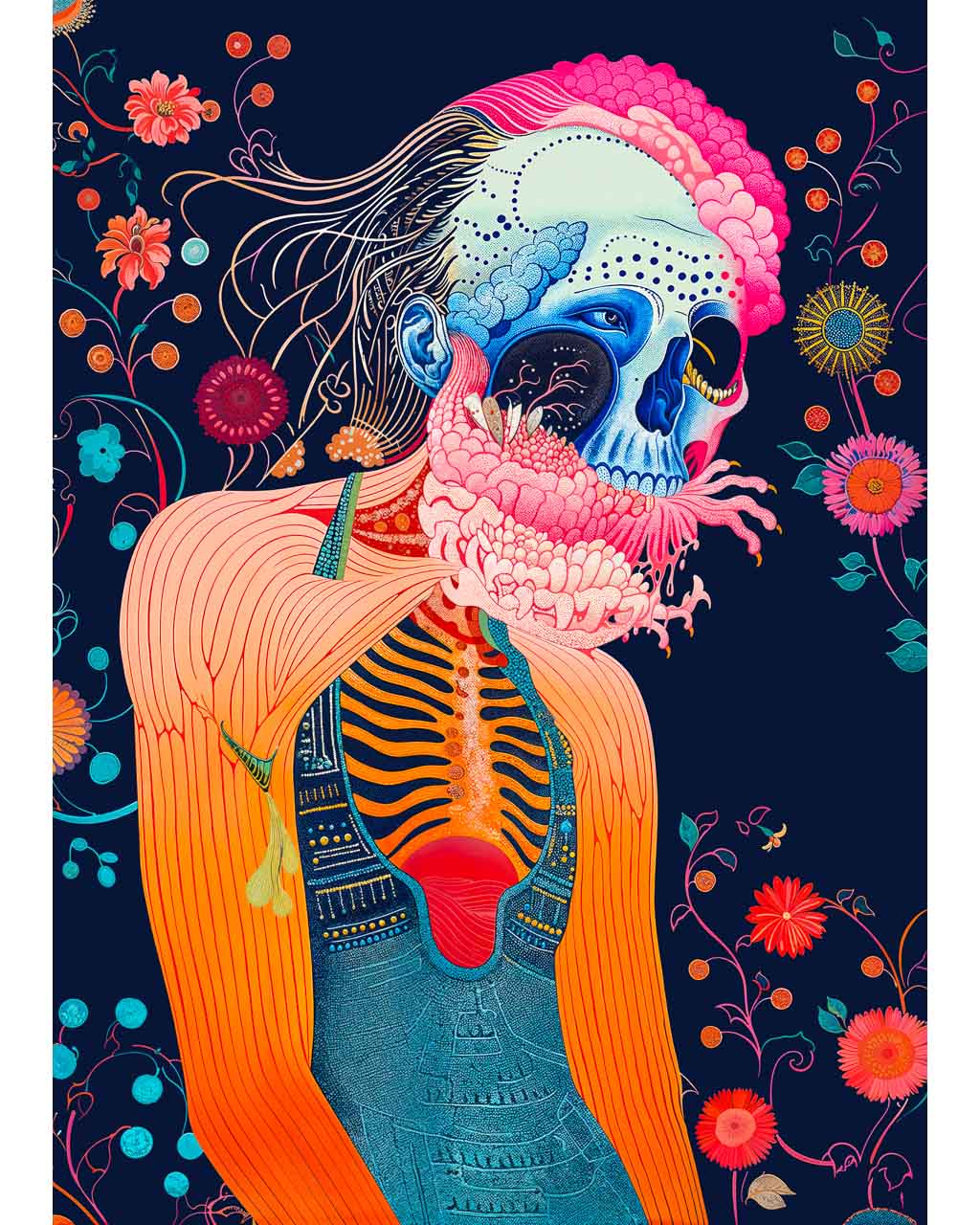 A surreal artwork titled "Floral Rebirth," depicting a figure with a vibrant blue skull intertwined with colorful floral elements. The intricate details and bold colors contrast against a dark background, exploring themes of life, death, and transformation.