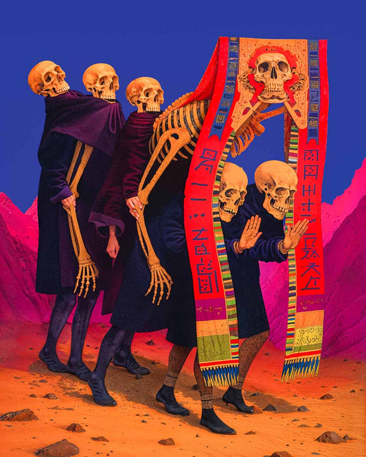 Surreal artwork titled The Wake depicts skeletal figures in a ceremonial procession.