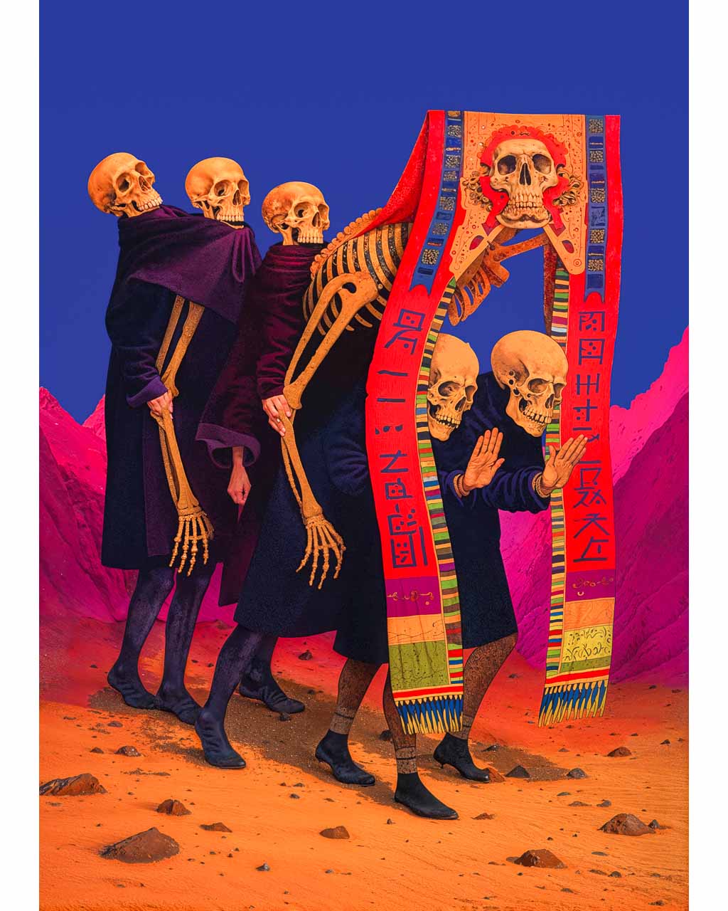 Surreal artwork titled The Wake depicts skeletal figures in a ceremonial procession.