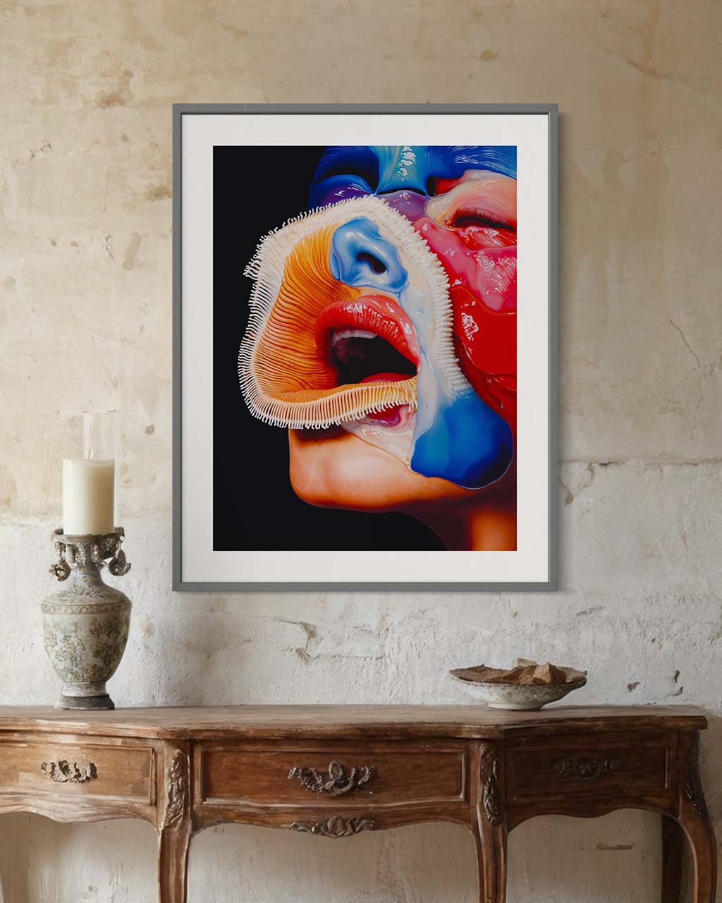 Mockup of the artwork "Spectrum," displayed as a poster in a vintage interior setting. The vibrant and fluid composition captures the eye, featuring an abstract face that explores themes of identity and emotion.