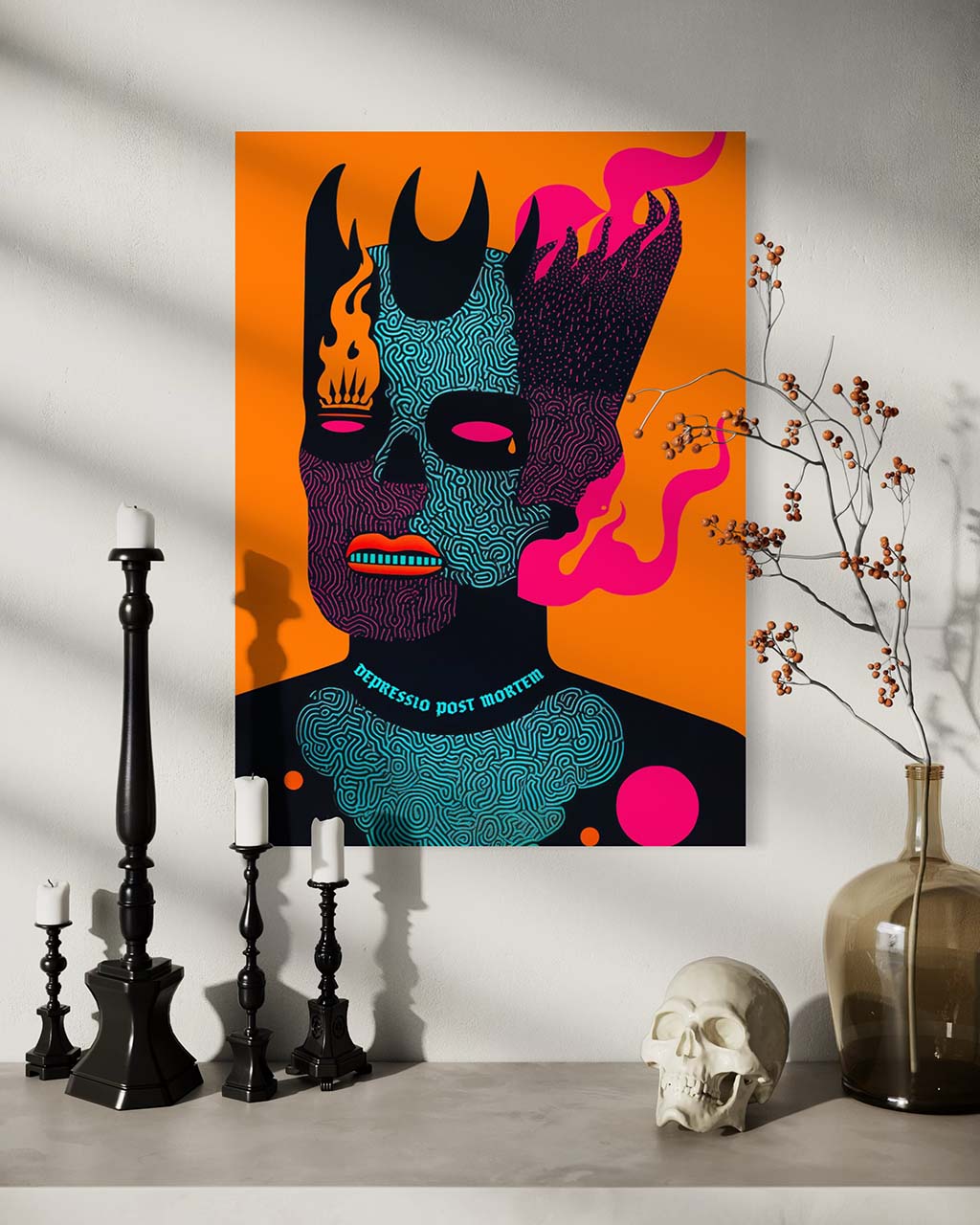 Mockup of the artwork "Posthumous Depression," displayed as a poster in a modern interior setting. The piece showcases a vividly colored skull with flames and abstract patterns against a bold orange background.