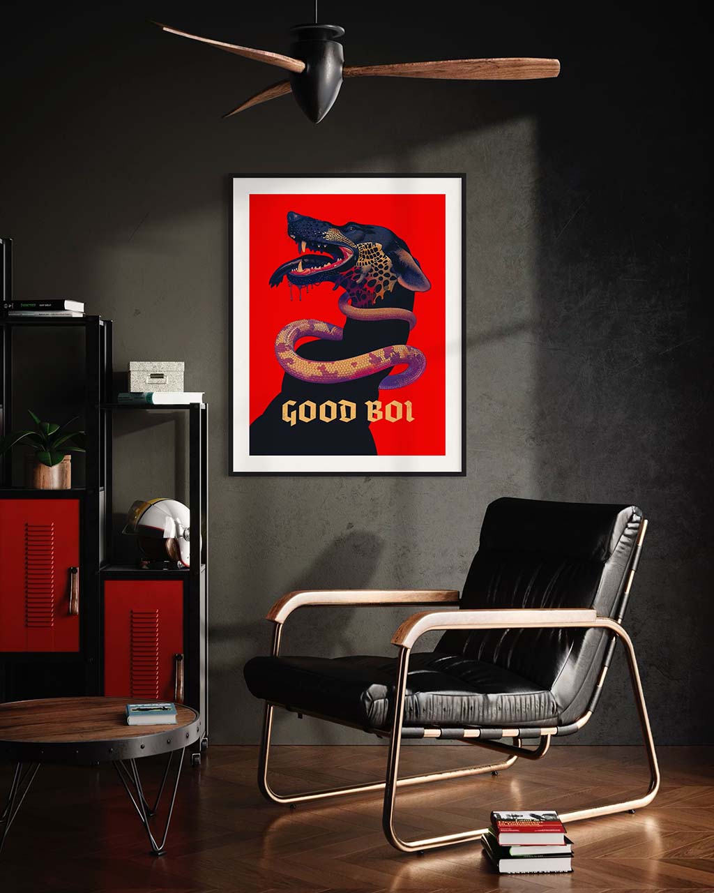 Mockup of the artwork "Bold Boi," displayed as a poster in a modern interior setting. The artwork features a fierce dog with an open mouth, intertwined with a colorful snake against a striking red background. 