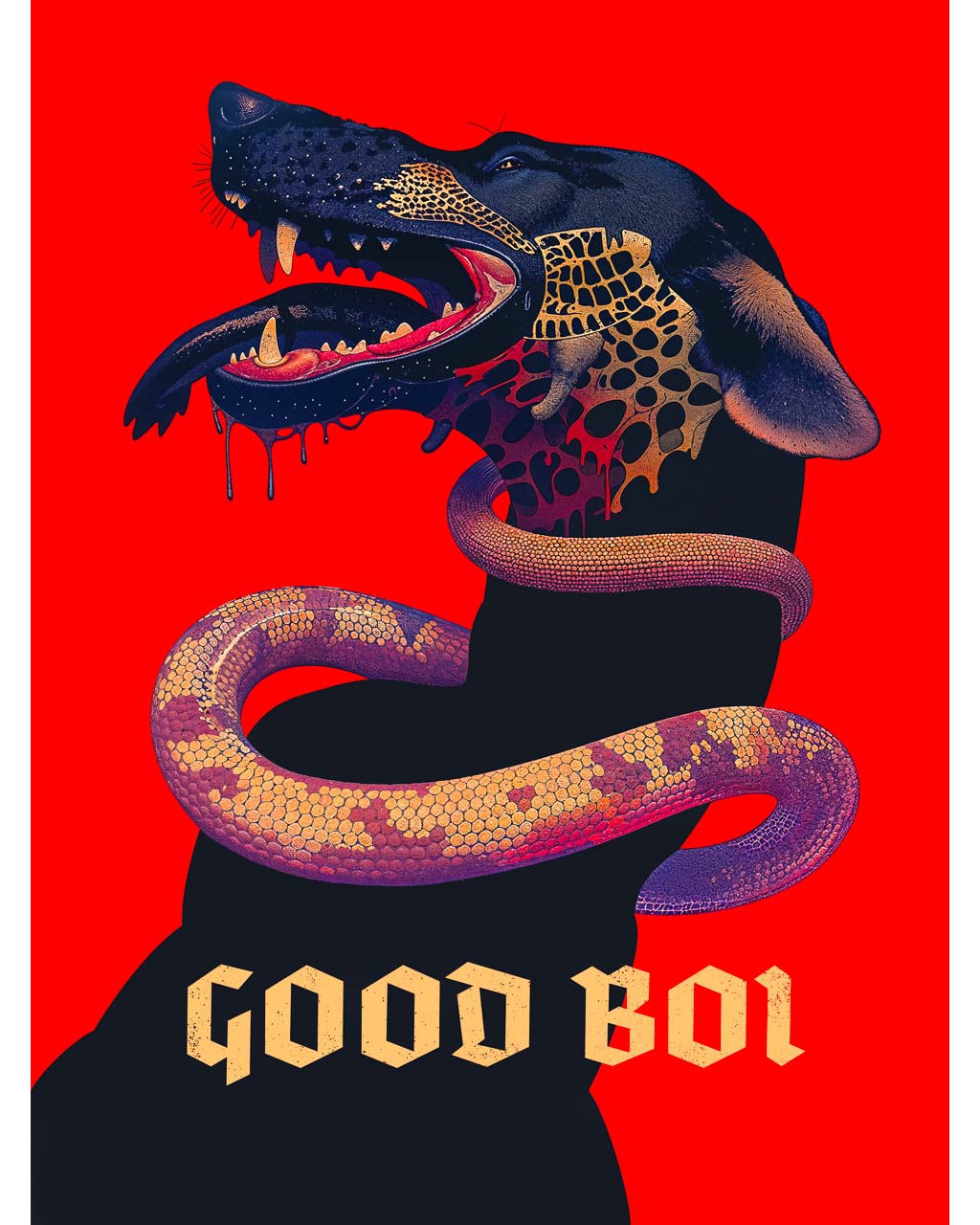 Artwork titled "Bold Boi," depicting a fierce dog with an open mouth, intertwined with a colorful snake against a striking red background. 