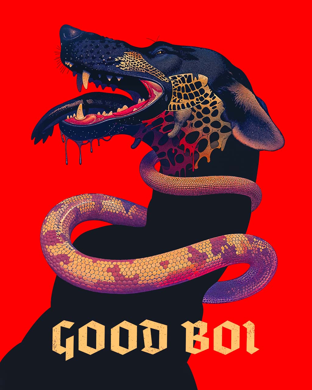 Artwork titled "Bold Boi," depicting a fierce dog with an open mouth, intertwined with a colorful snake against a striking red background. 