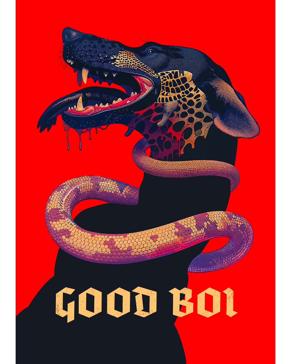 Artwork titled "Bold Boi," depicting a fierce dog with an open mouth, intertwined with a colorful snake against a striking red background. 