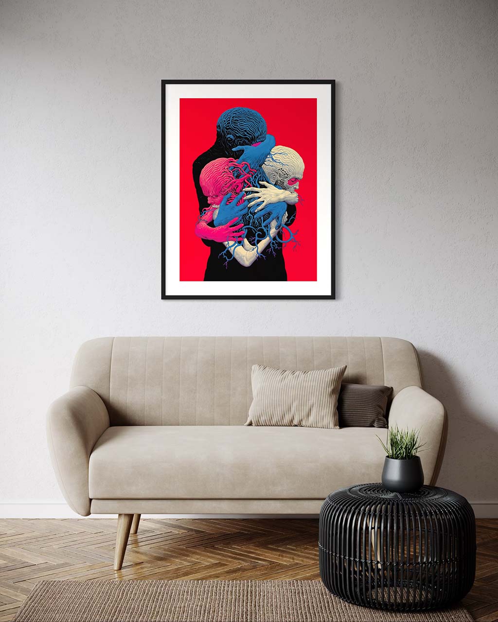 Mockup of the surreal poster artwork titled “Intertwined” in a modern interior setting, featuring three figures connected by intricate, neural-like tendrils in bold red background.