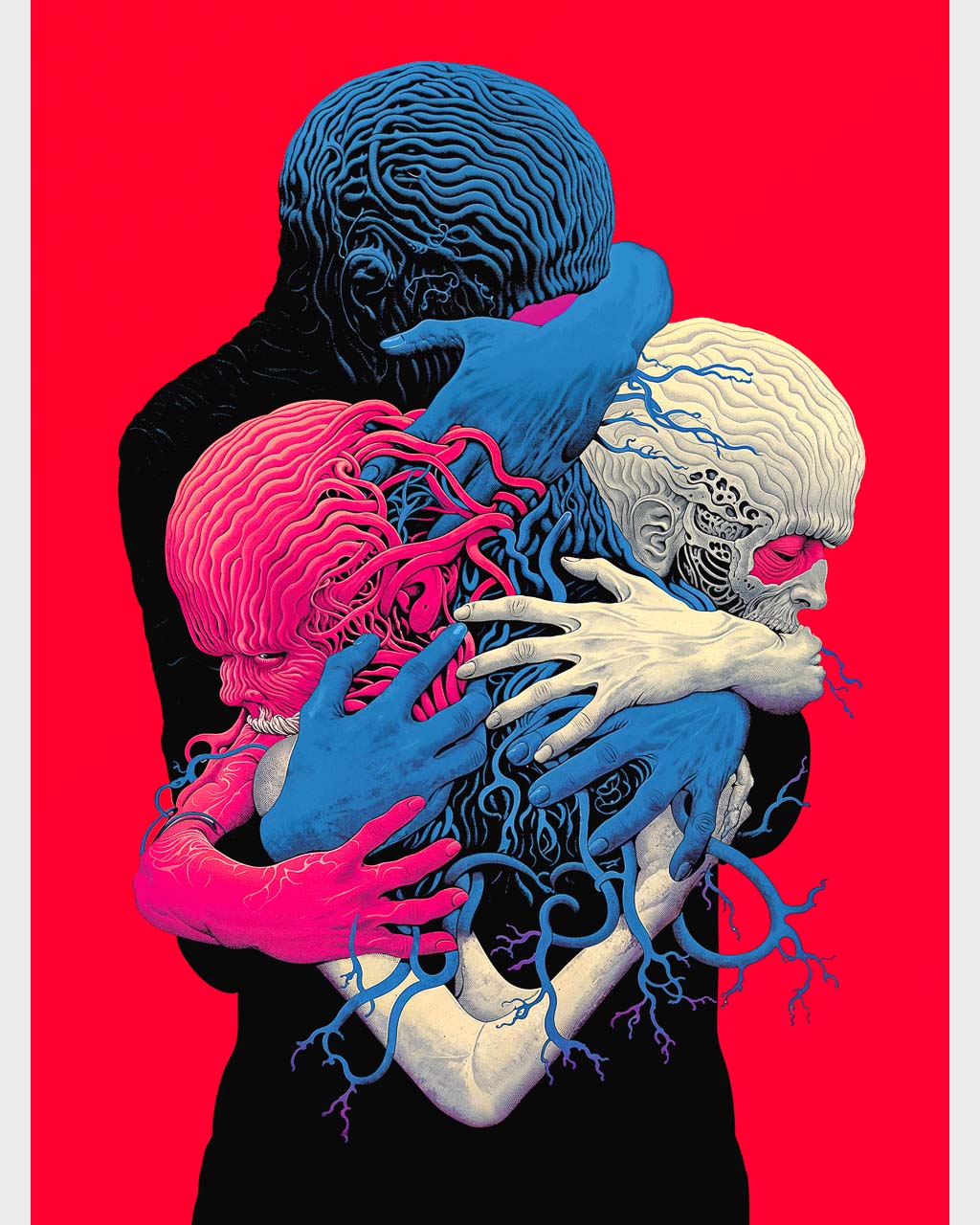 Surreal artwork titled “Intertwined”, featuring three figures connected by intricate, neural-like tendrils in bold red background.