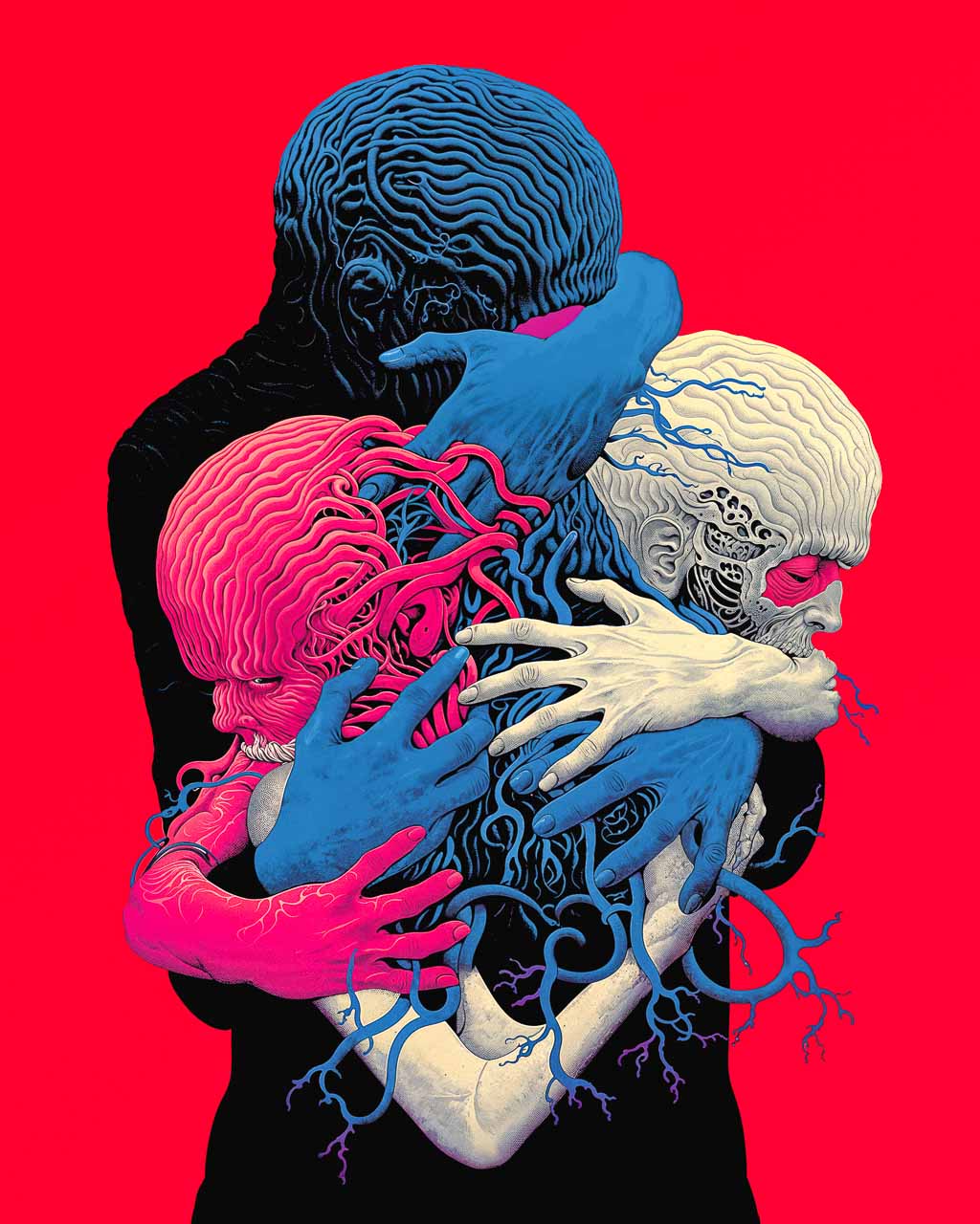 Surreal artwork titled “Intertwined”, featuring three figures connected by intricate, neural-like tendrils in bold red background.