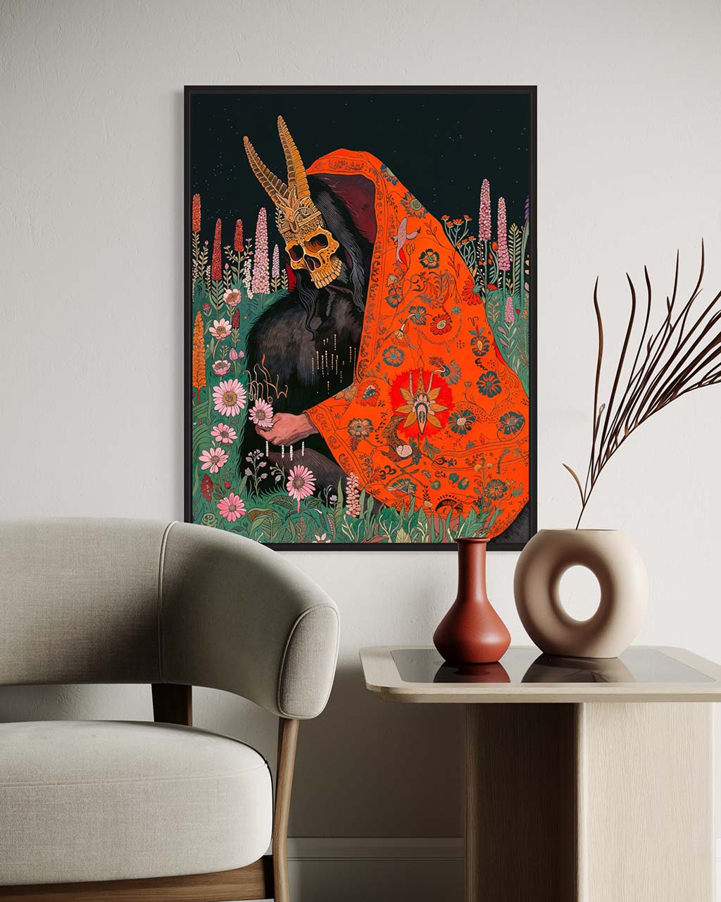 Mockup of the art poster Dead Meadow featuring a mysterious figure adorned with a skull mask and an ornate red robe.