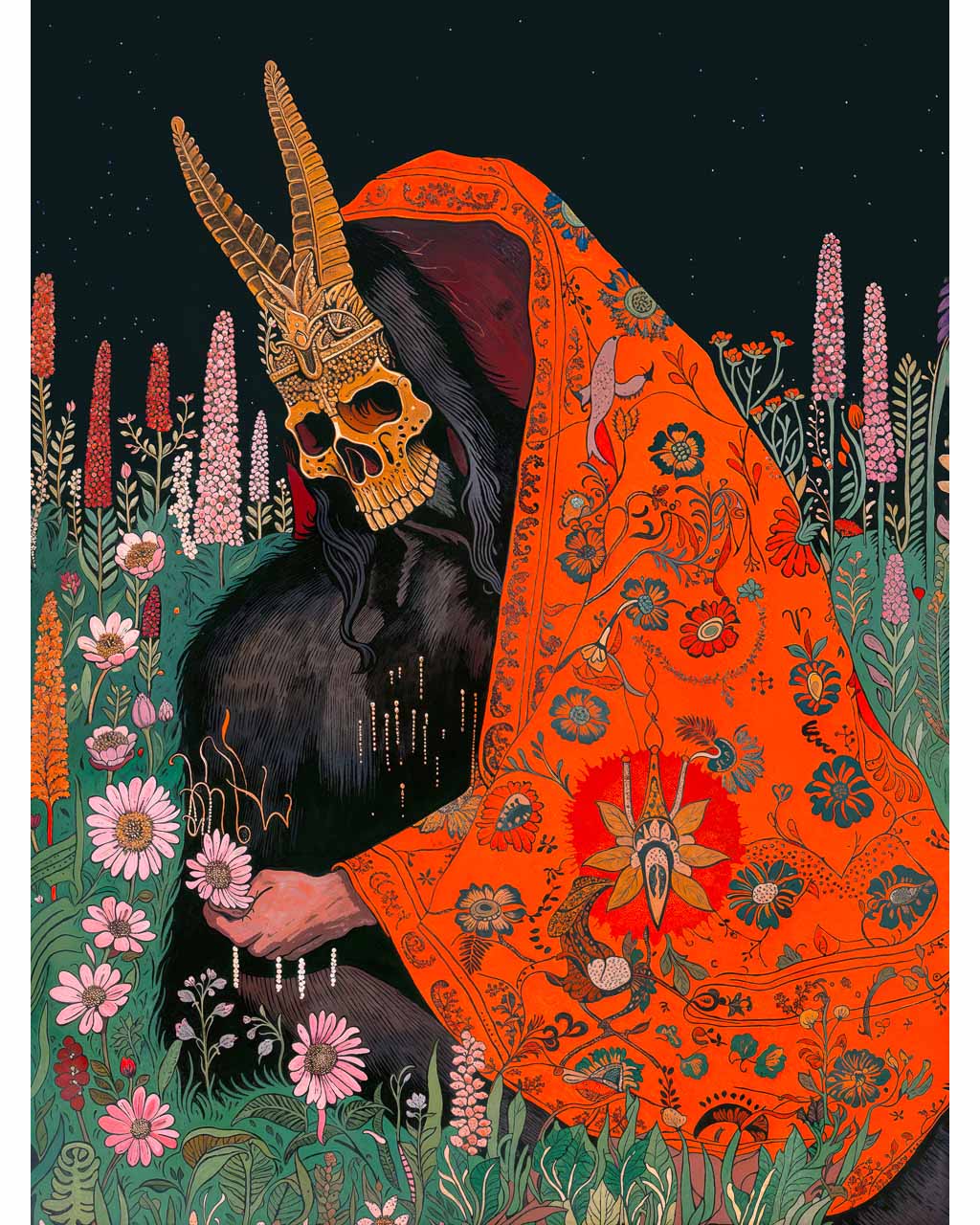 Art poster Dead Meadow featuring a mysterious figure adorned with a skull mask and an ornate red robe.