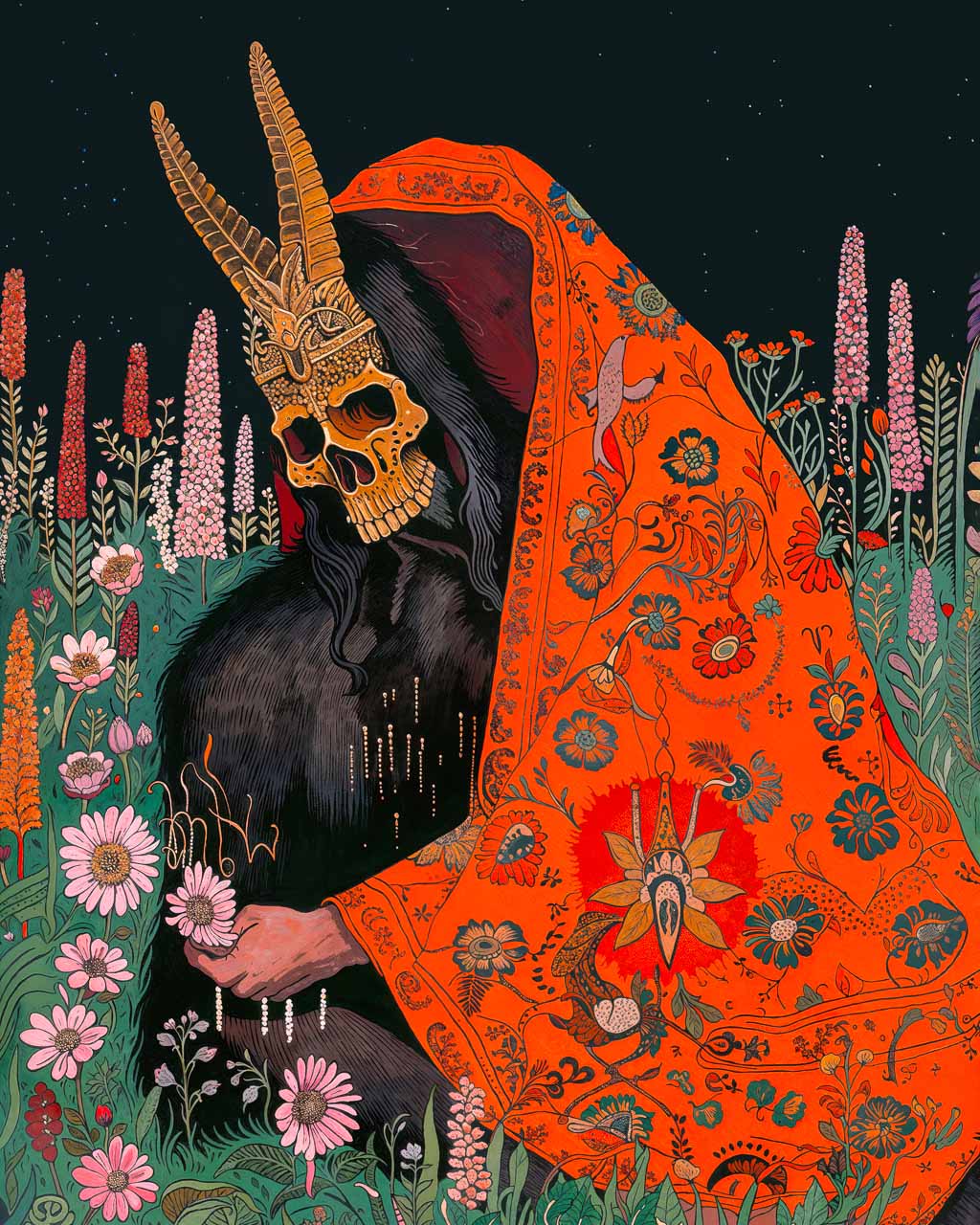 Art poster Dead Meadow featuring a mysterious figure adorned with a skull mask and an ornate red robe.