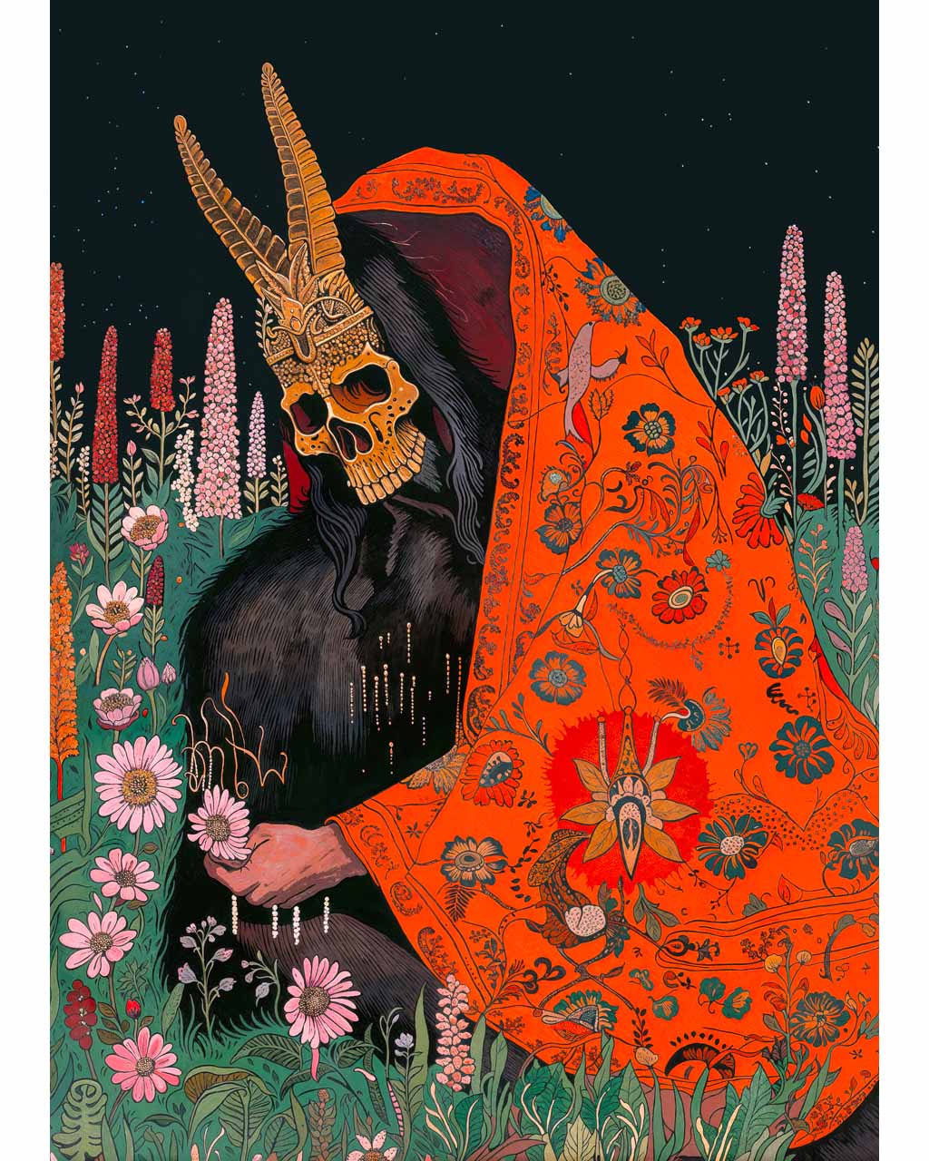 Art poster Dead Meadow featuring a mysterious figure adorned with a skull mask and an ornate red robe.